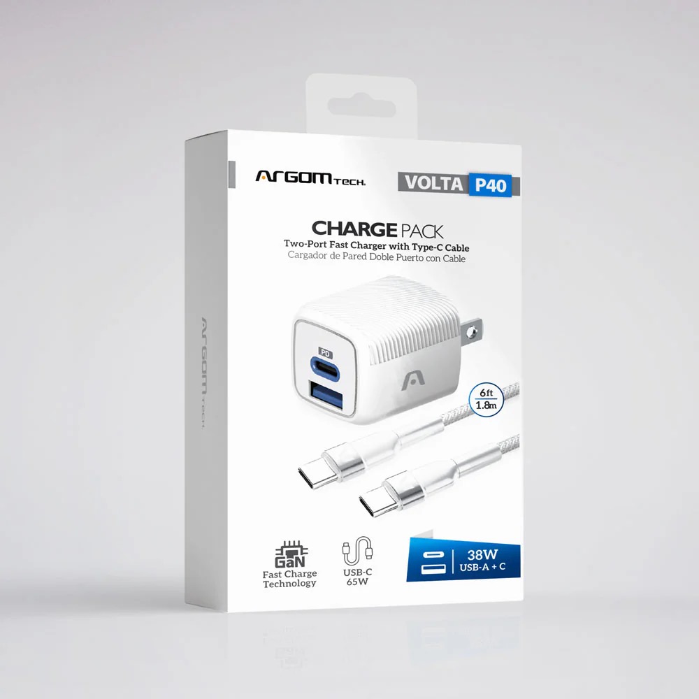 CARGADOR ARGOMTECH VOLTA P40 38W + CABLE TIPO C 1,8M  DOBLE PUERTO TIPO C/USB 