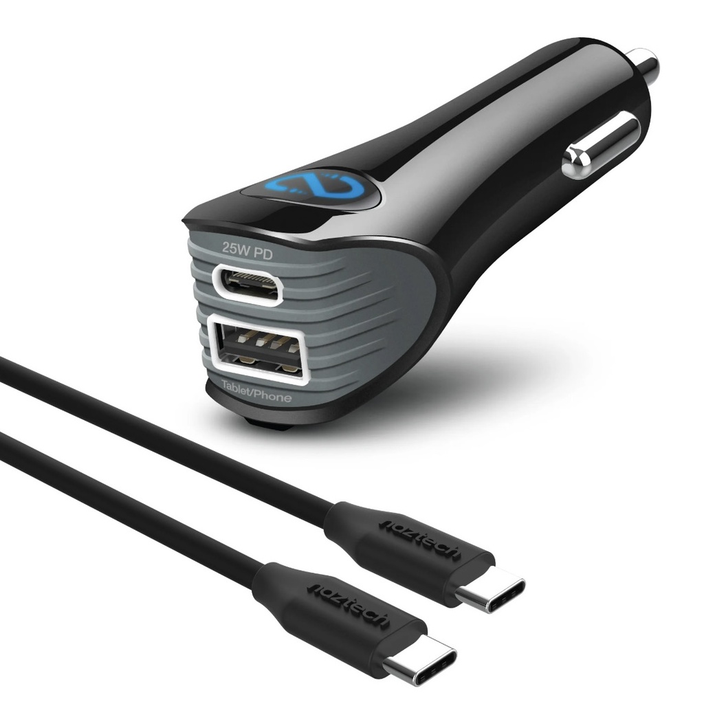 CARGADOR CARRO NAZTECH 25W PD + CABLE TIPO C A TIPO C   12W USB NEGRO  