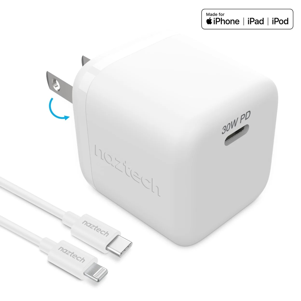CARGADOR NAZTECH 30W + CABLE TIPO C-LIGHTNING BLANCO 