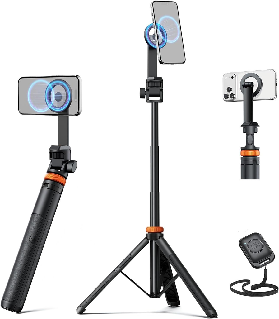 Trípode Magsafe de 63" para iPhone y trípode magnético para selfie stick con control remoto, fuerte soporte magnético para teléfono...