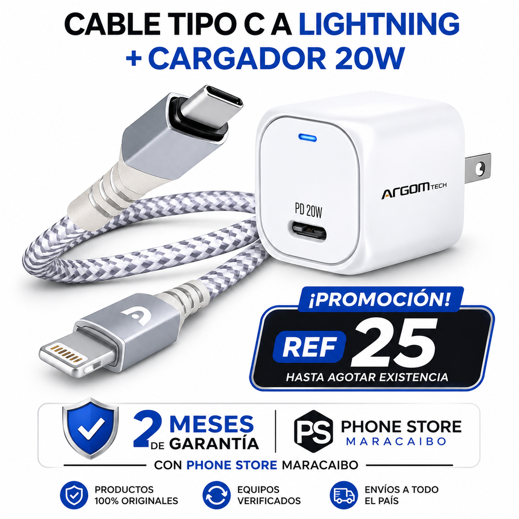 CARGADOR 20W + CABLE 1.8M ARGOMTECH TIPO C - LIGHTNING