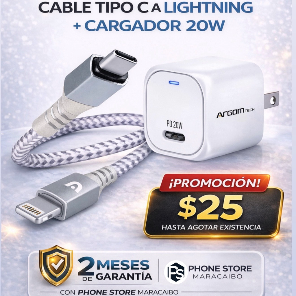 CARGADOR 20W + CABLE 1.8M ARGOMTECH TIPO C - LIGHTNING