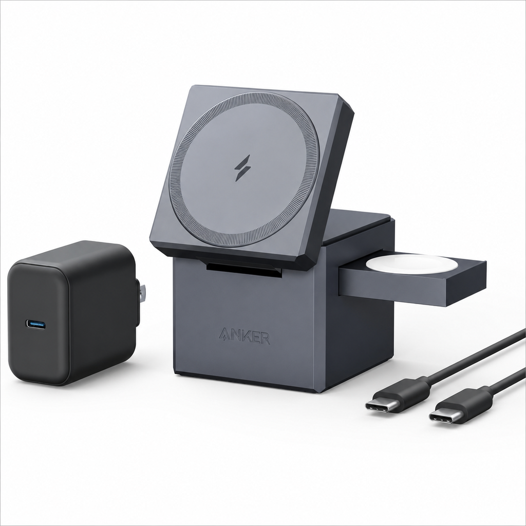 Cargador MagSafe, Anker cargador inalámbrico para iPhone 16, cubo 3 en 1 con MagSafe, soporte plegable de carga rápida de 15 W, para iPhone