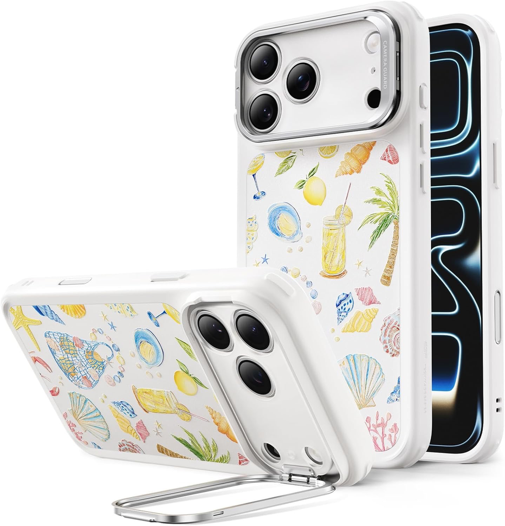 CASE MAG SAFE ESR  iPhone 17 Pro Max BLANCO con soporte de almacenamiento, cubierta de control de cámara BLANCO FLOREADO