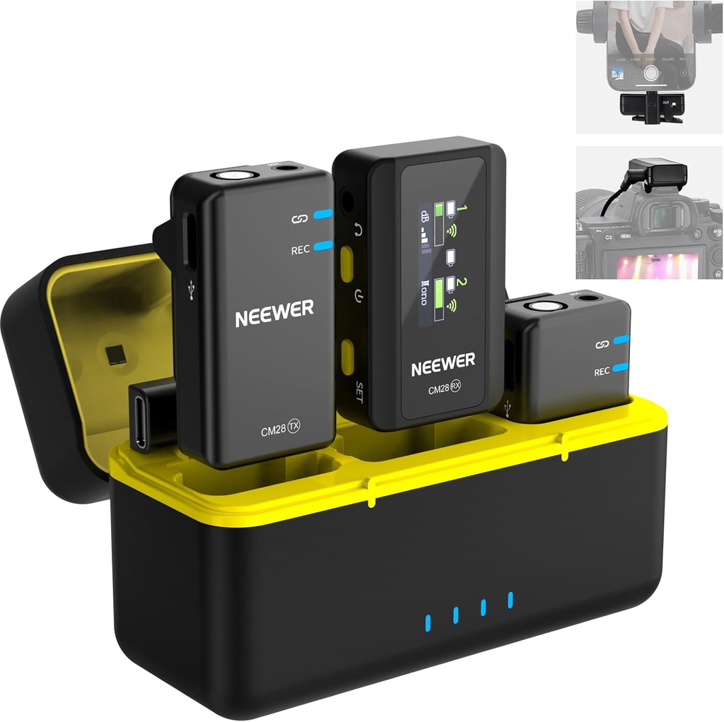 Micrófono Lavalier NEEWER CM28,  con cancelación de ruido inteligente,  9 horas, rango almacenamiento de 4 GB para iPhone, Android, cámara, 1 RX + 2 TX + funda de carga