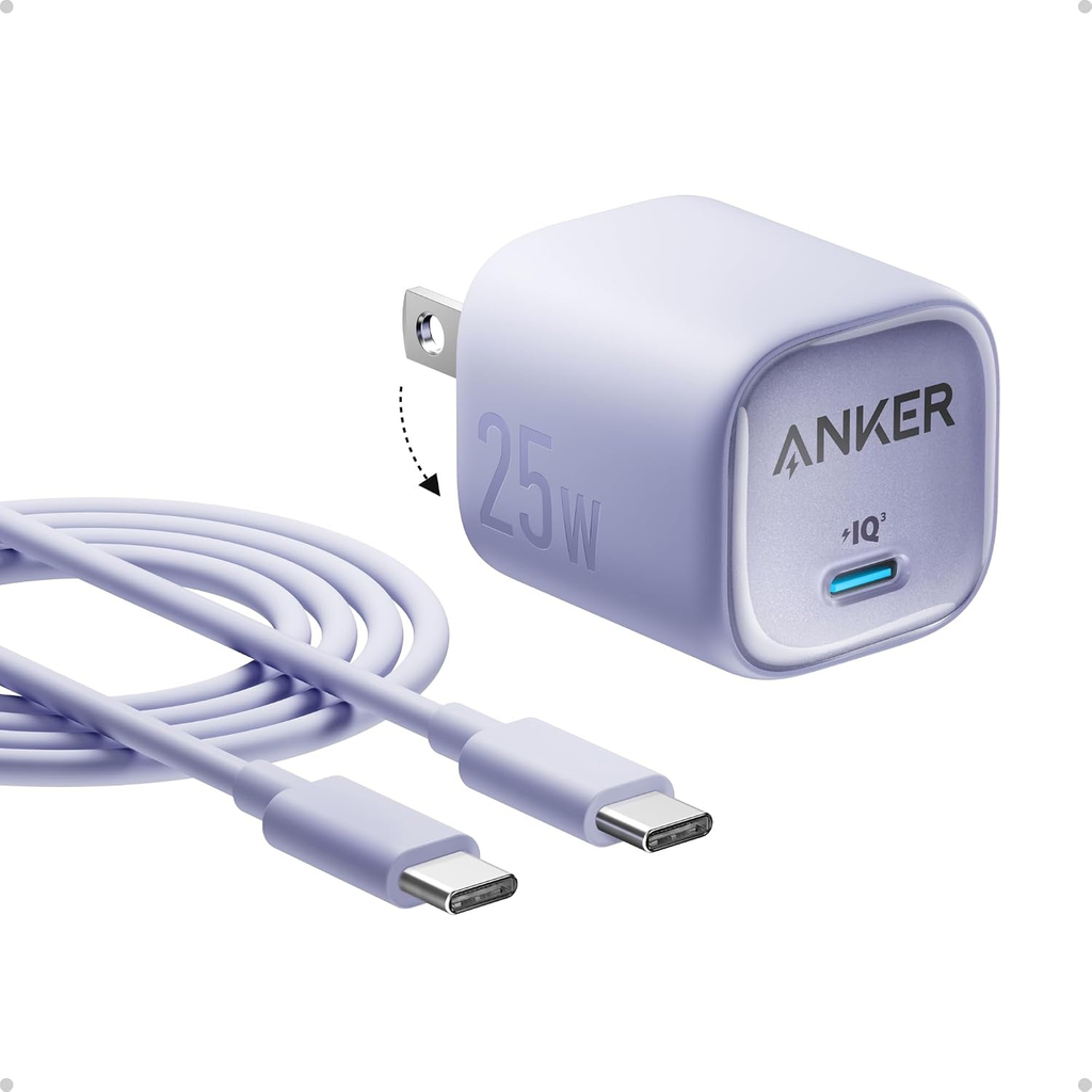 CARGADOR ANKER 25W + CABLE  TIPO C CARGA SUPER RAPIDA PURPURA