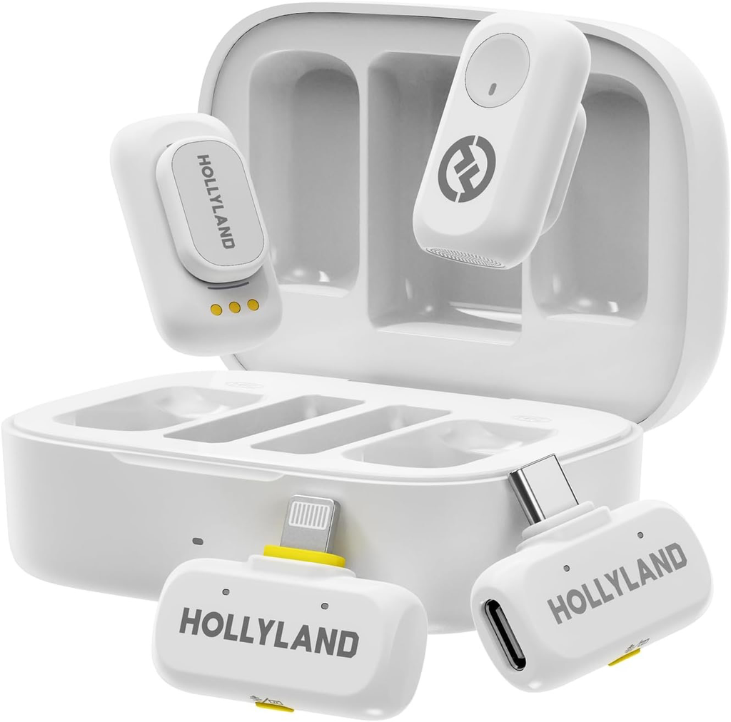 Micrófono inalámbrico Hollyland Lark A1 Mini para iPhone y Android,  Cancelación Inteligente de Ruido de 3 Niveles, Micrófono para YouTube, Podcast, (Blanco, 2TX + 2RX + Estuche)