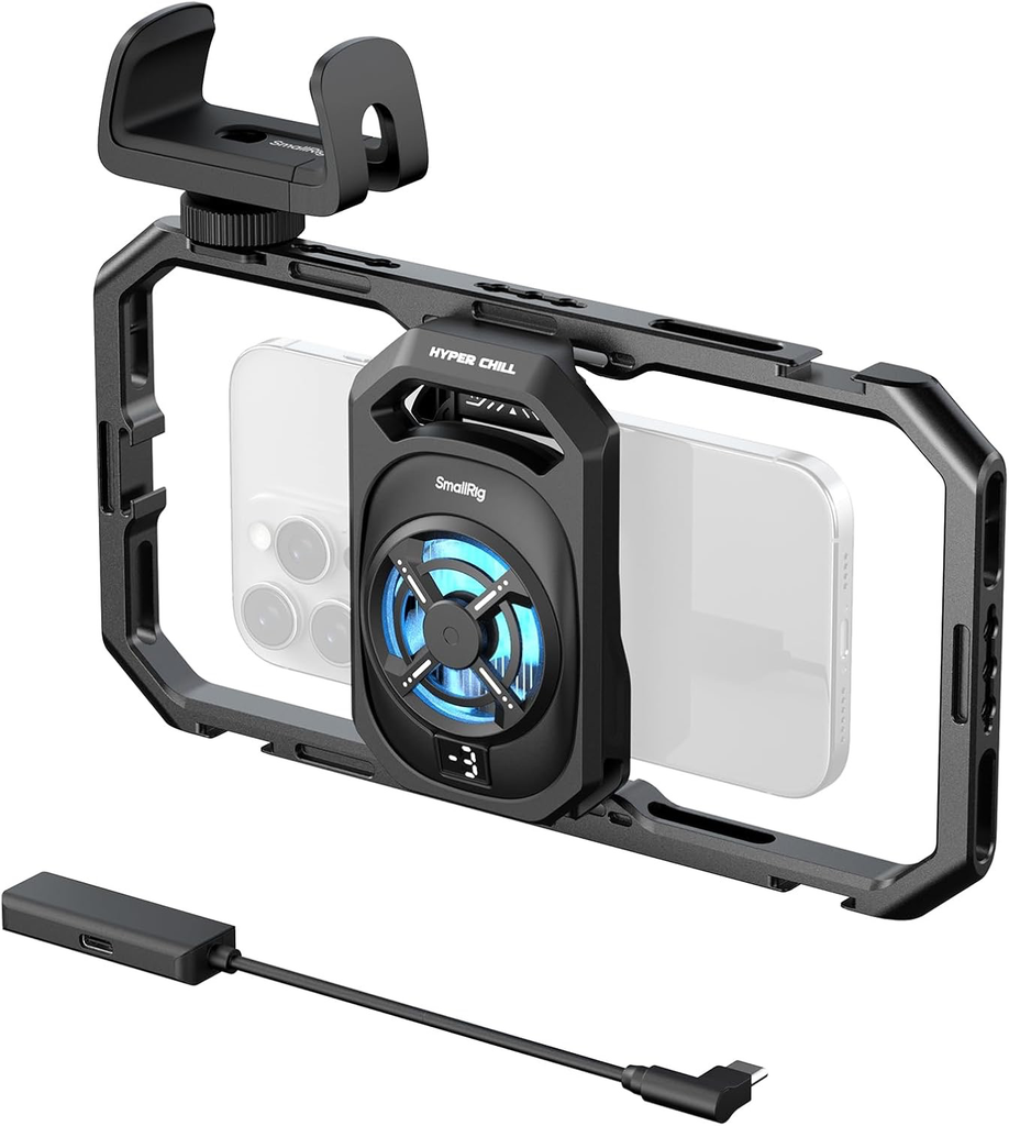 SmallRig -Jaula de enfriamiento Universal Hyper Chill para teléfono, para iPhone/Android, con enfriador activo de 15W y adaptador USB-C 2-en-1 y soporte para banco de energía