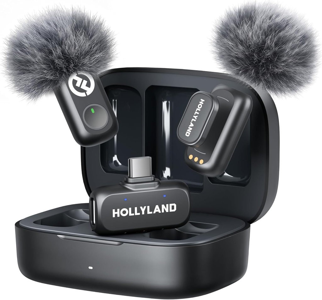 Hollyland Lark - Micrófono inalámbrico A1 para iPhone 17/16/15 y Android,  cancelación inteligente de ruido de 3 niveles, mini micrófono para YouTube, podcast, vlogging (negro, 2TX + USB-C RX + estuche de carga)