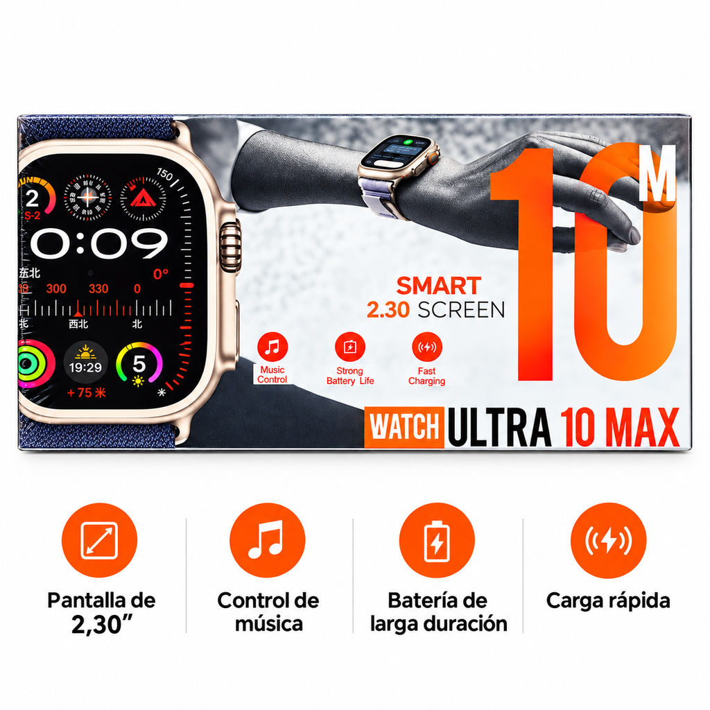 SmartWatch Ultra 10 Max con Pantalla de 2.30”, Control de Música y Carga Rápida
