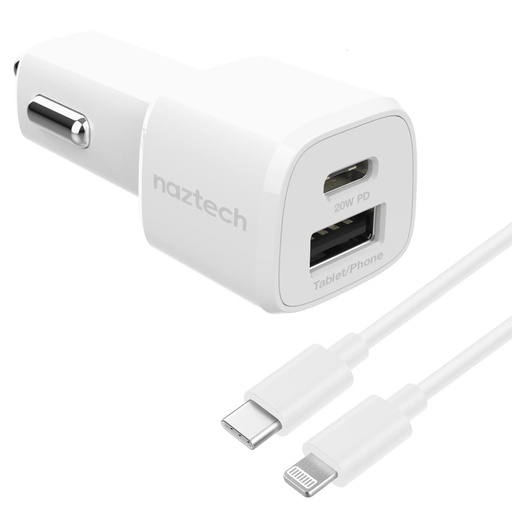 CARGADOR CARRO NAZTECH 20W PD + CABLE TIPO C A LIGHTNING  12W USB BLANCO