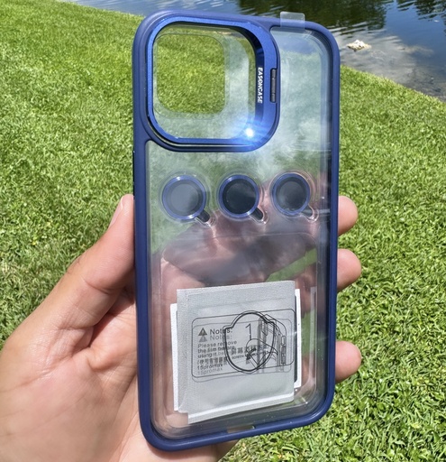 CASE TRANSPARENTE 15 PRO MAX CON BORDE AZUL + PROTECTOR/CAMARA 