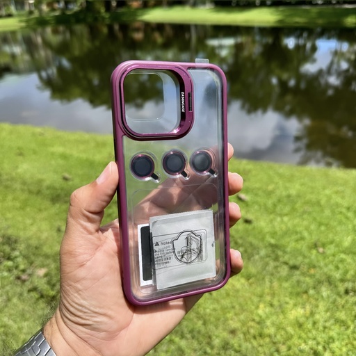 CASE TRANSPARENTE 15 PRO MAX CON BORDE VINO TINTO + PROTECTOR/CAMARA  